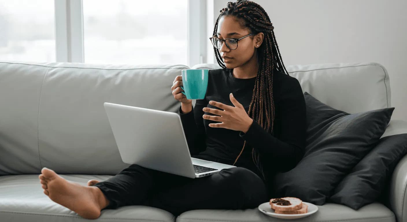 A professional in comfortable attire at home, enjoying a warm drink while possibly explaining ADHD concepts or conducting an online ADHD consultation session.