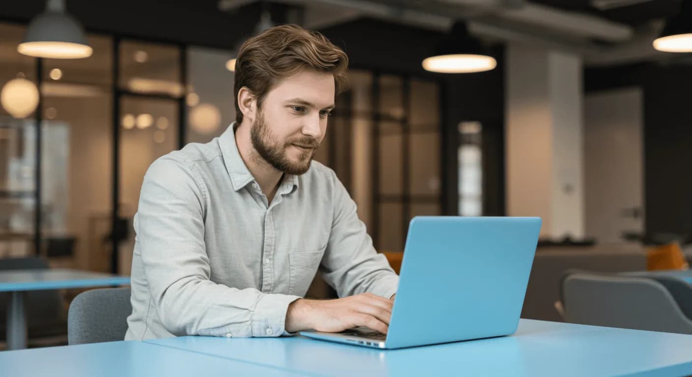 A person with possible ADHD consulting online about ADHD, focused on their laptop in a quiet office space.