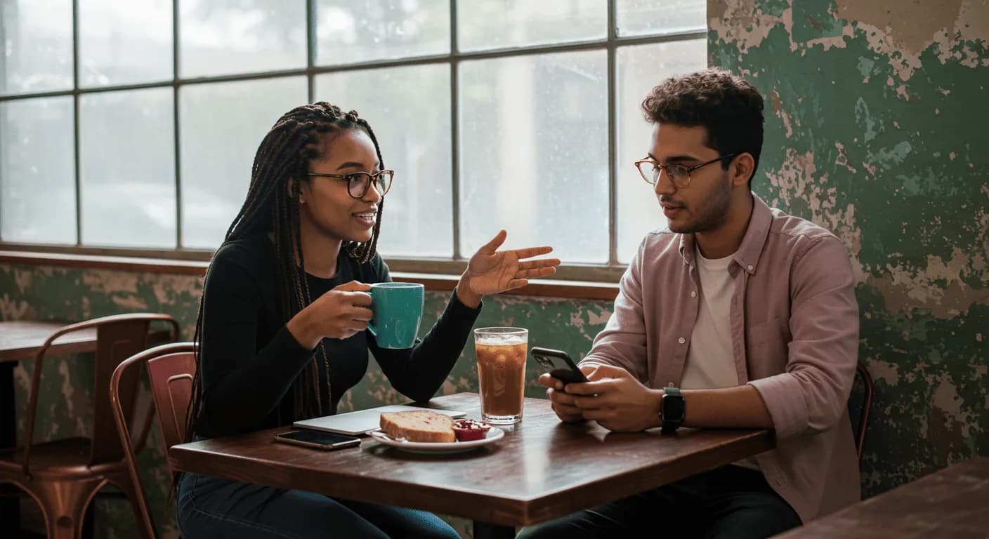 Two persons sharing a casual moment at a café, possibly discussing ADHD or seeking advice about it