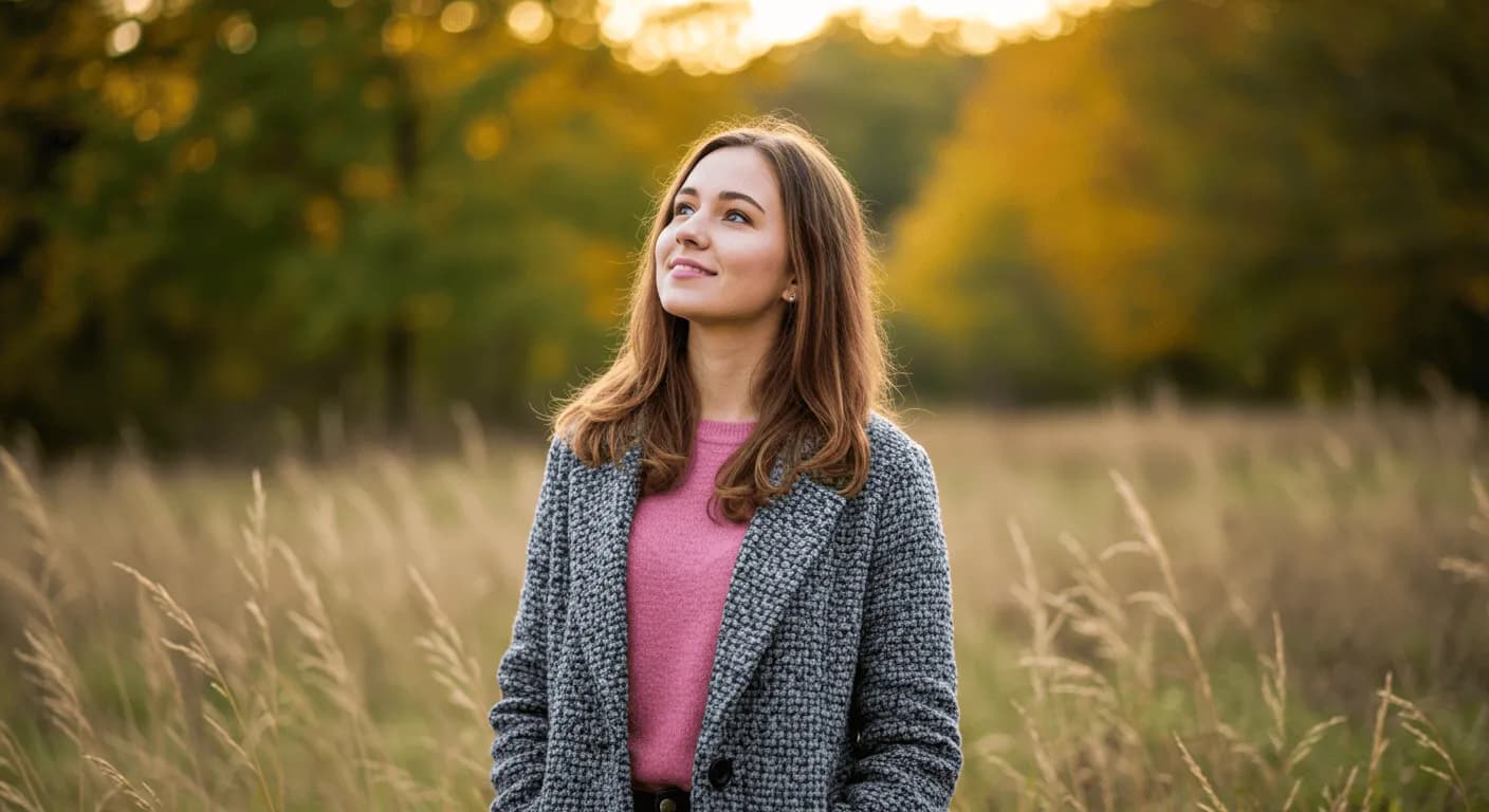 A person with possible ADHD stands in a field of tall grass at golden hour, gazing upward with a dreamy expression