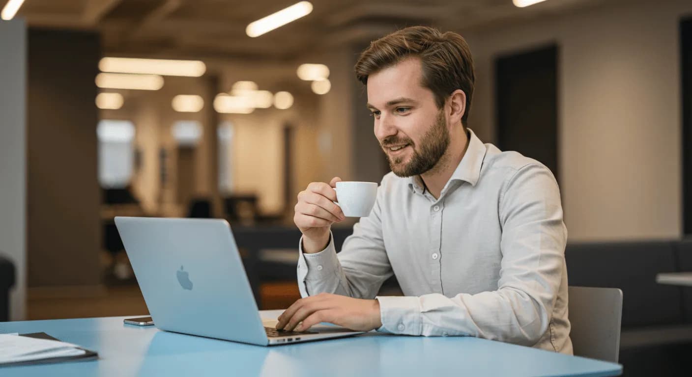 The person drinking coffee in the office might be in an ADHD hyperfocus state or looking some information about ADHD from the laptop