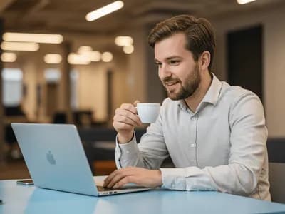 The person drinking coffee in the office might be in an ADHD hyperfocus state or looking some information about ADHD from the laptop